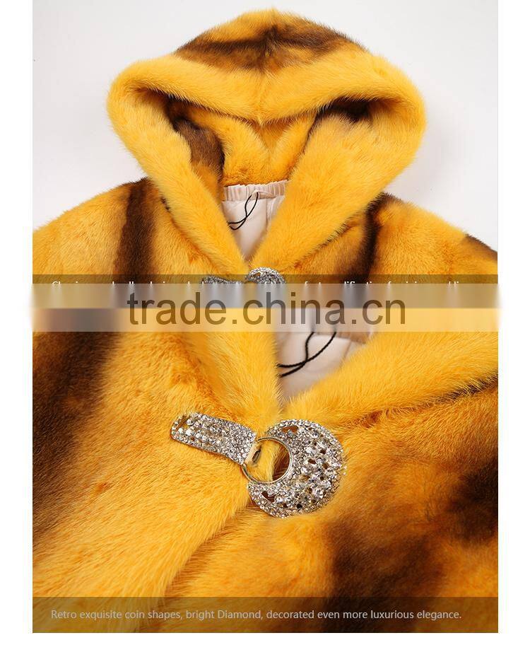 hot sale yellow cross mink coat with hood women warm fur coat for winter