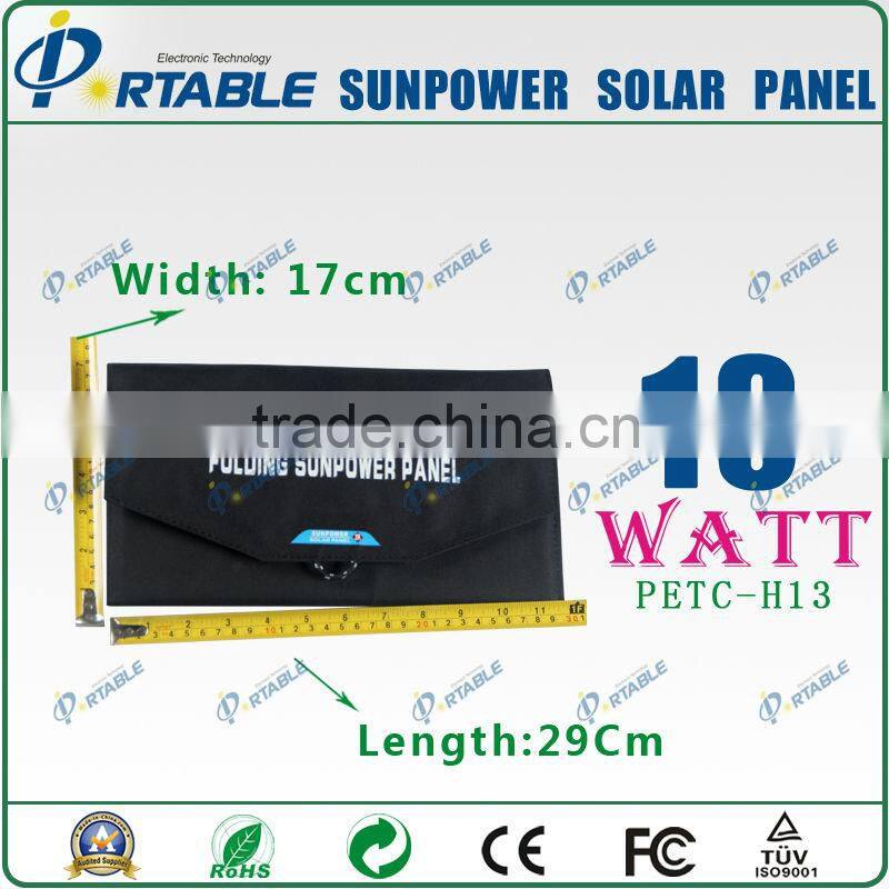 Mini solar mobile charger Sunpower solar model tariff exemption 13W solar folding panel charger (PETC-H13)