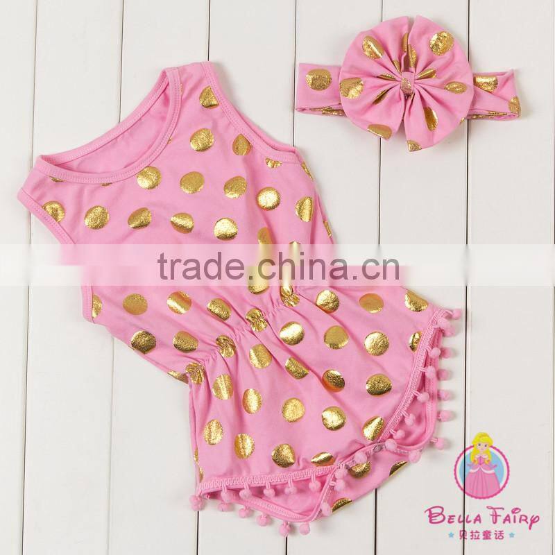 Wholesale baby romper with pom pom trim, girls boutique clothing,girls clothing