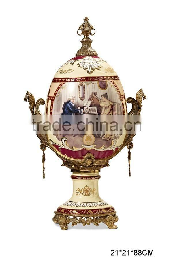European Character Style Ceramic Egg Shaped Jar Box, Elegant Porcelain With Brass Prize Cup, Figure Design Footed Jar With Lid