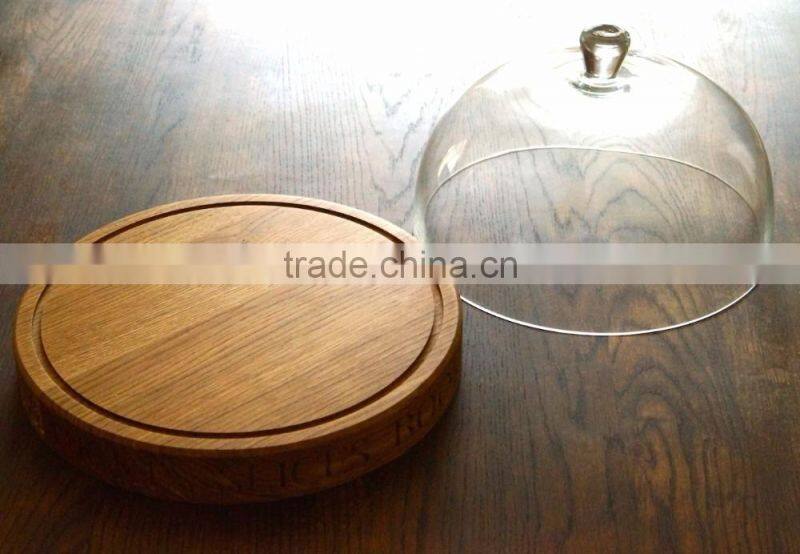 Oak Cake Stand with Laser Logo For Party Home Use Dessert Holder With Glass Cover