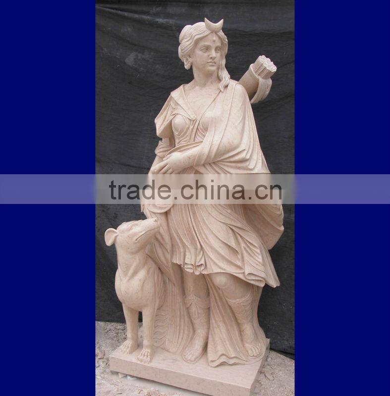 yellow marble carved lady with dog sculpture