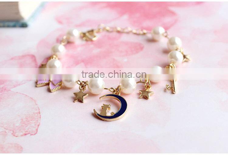 gold cat moon star enamel bowknot heart shape key charms bracelet pearl bead linked bracelet