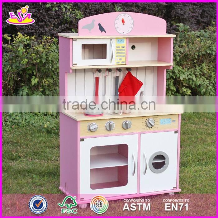 2017 New design kids pretend play pink wooden kitchen toy W10C238