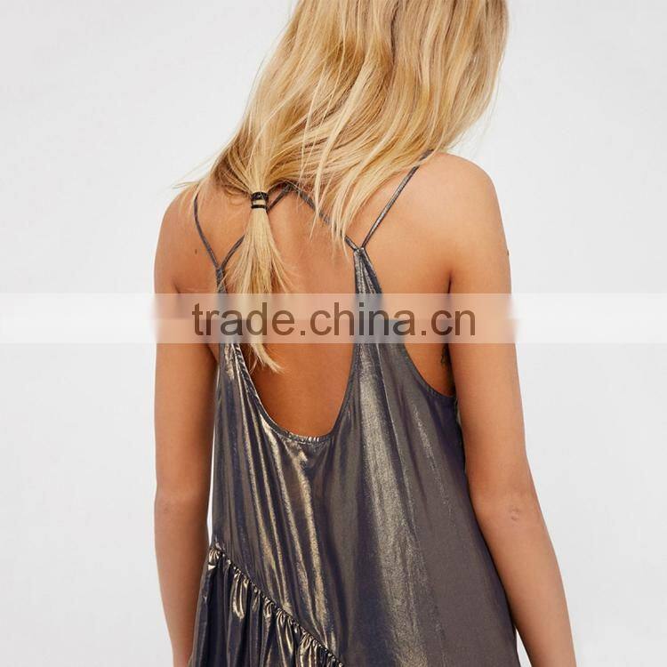 HAODUOYI Fashion Metallic Luster Women Spaghetti Strap Dress Asymmetry Hemline V-neck Backless Ladies Vestidos for Wholesale