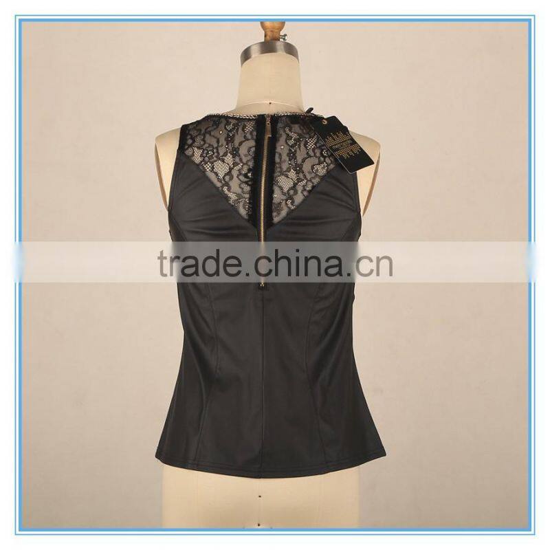 Women Custom Pu Leather Fabric Neck Chain Design Lace Patchwork Tank Top