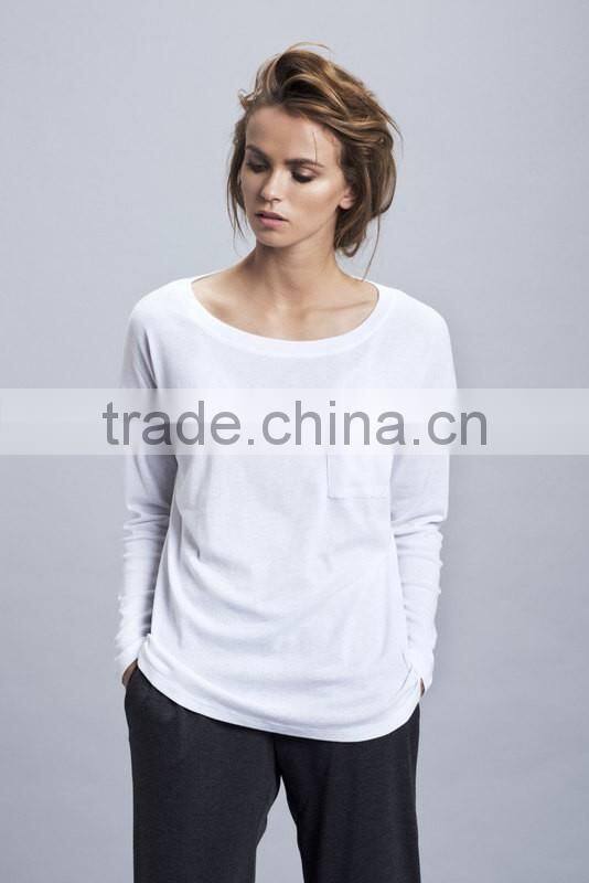 Soft Cotton/Polyester White Plain Womens Long Sleeve T-Shirt Scoop Neck Pocket Tee Wide Neck Round Bottom T Shirt