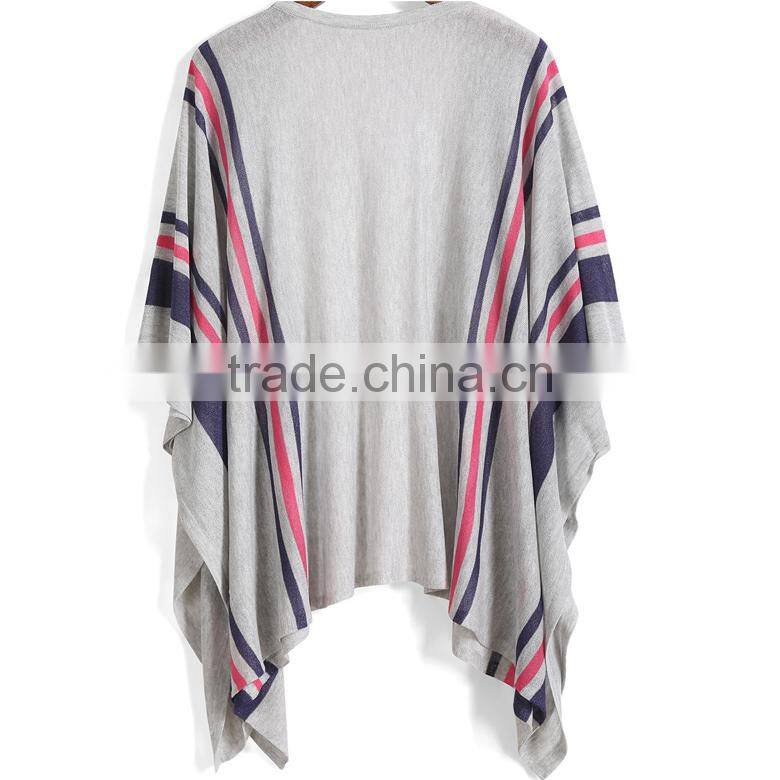fashion design 3/4 batwing sleeve no button triped knitted poncho