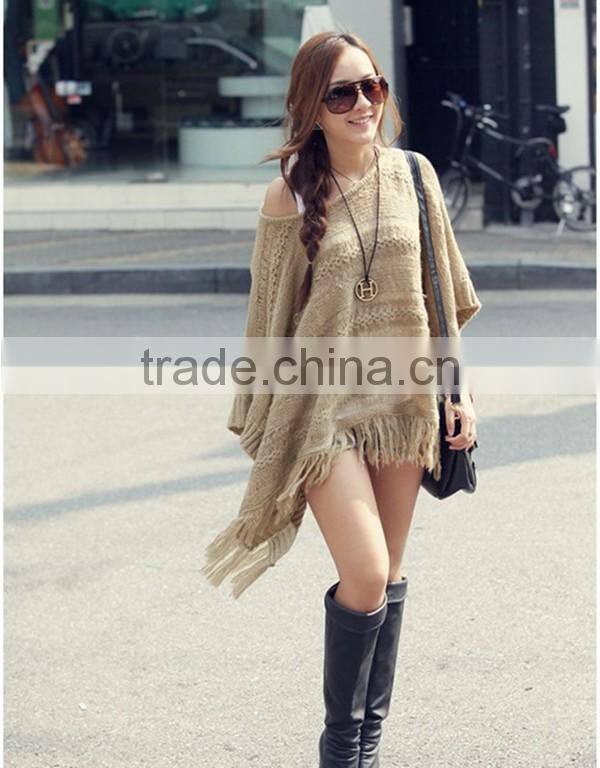 Spring smiles Korean style autumn and spring hollow out fashion solid khaki free size knit with tassel women sweater