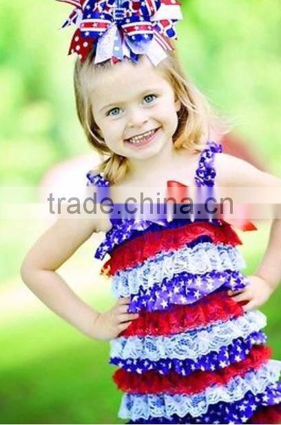 Charming Patriotic design white and red lace ruffle romper with straps patriotic lace baby romper RO009