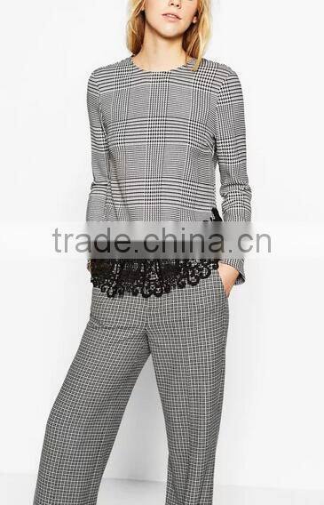 Runwaylover EY2378B Ladies 2017 Fashion Lace Splice Plaid Blouse