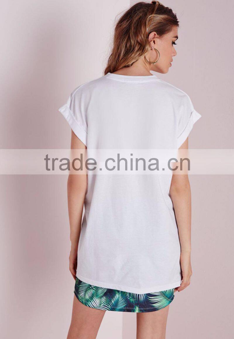 Women custom rolled sleeves white t shirt,elongated t shirt wholesale china