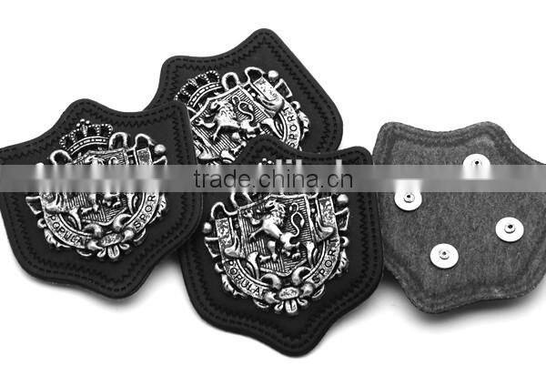 Black PU leather patch sew on label metal alloy logo antique silver color for jeans/sportswear PLB-004