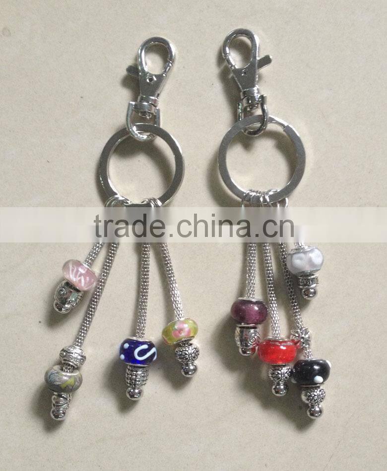 European Charm Keychain Silver w/ Multi-Color & Silver Glass Beads,Plated Key Chain for Glass Beads