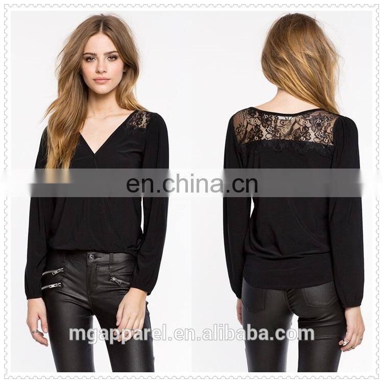 OEM cheap women fancy sexy long sleeves black chiffon blouse