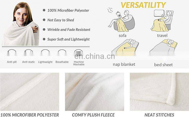 All Season Flannel Fleece Plush Throw Velvet White Blanket for Bed Sofa Car