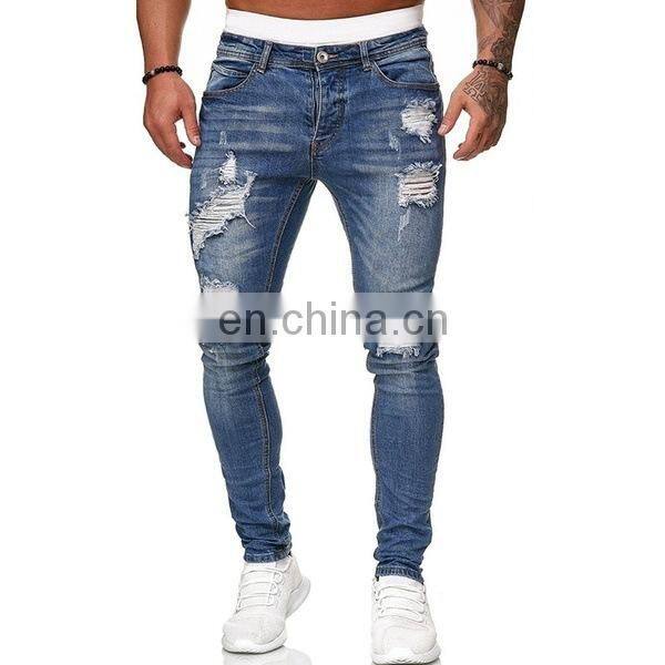 Manufacturers wholesale custom-made holes grind white slim-fit denim trousers fashion slim-fit plus size men's trousers