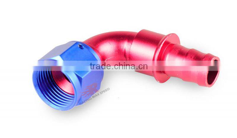 Aluminum oil cooler hose fitting 90 degree push on hose end push on fitting blue and red 10-090-10
