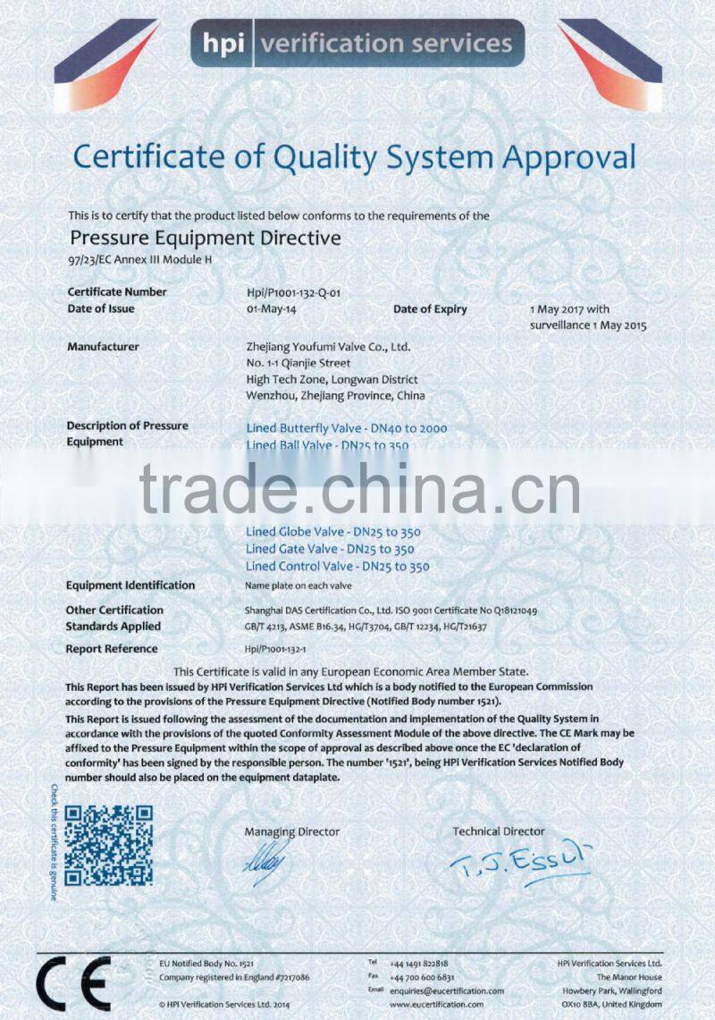 PFA Lined Gate Valves For Chemical Industry