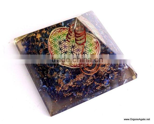 Quality Big Orgone Indigo Chakra Pyramid With Flower Of Life Symbol And Crystal Point | Reiki Pyramid