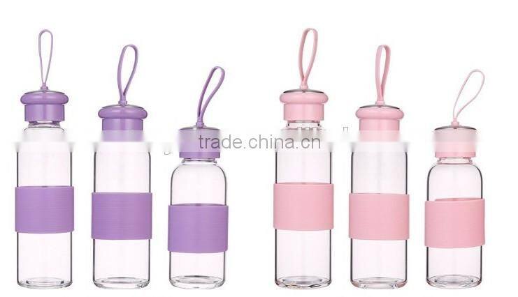Beautiful design clear borosilicate sport glass water bottle with colored plastic lid