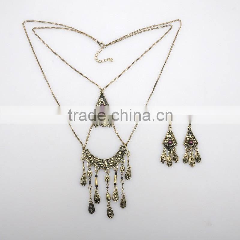 Hot sale classical ethnic style statement long two layers necklace pendant earrings brassiness jewelry set