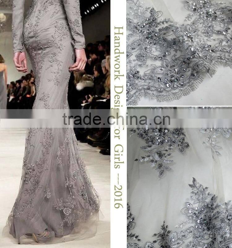 Gold beaded and sequins tulle with lace border/pearls tulle net lace for wedding dress