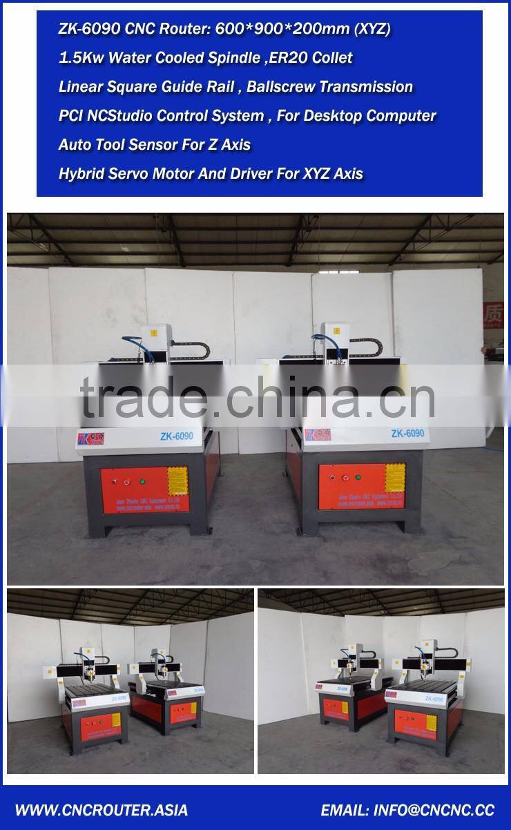 Hybrid Servo Motor Small Wood CNC Router 6090 With NCStudio/Mach3/DSP Control Auto Tool Calibration ZK6090-1500W CE Approval