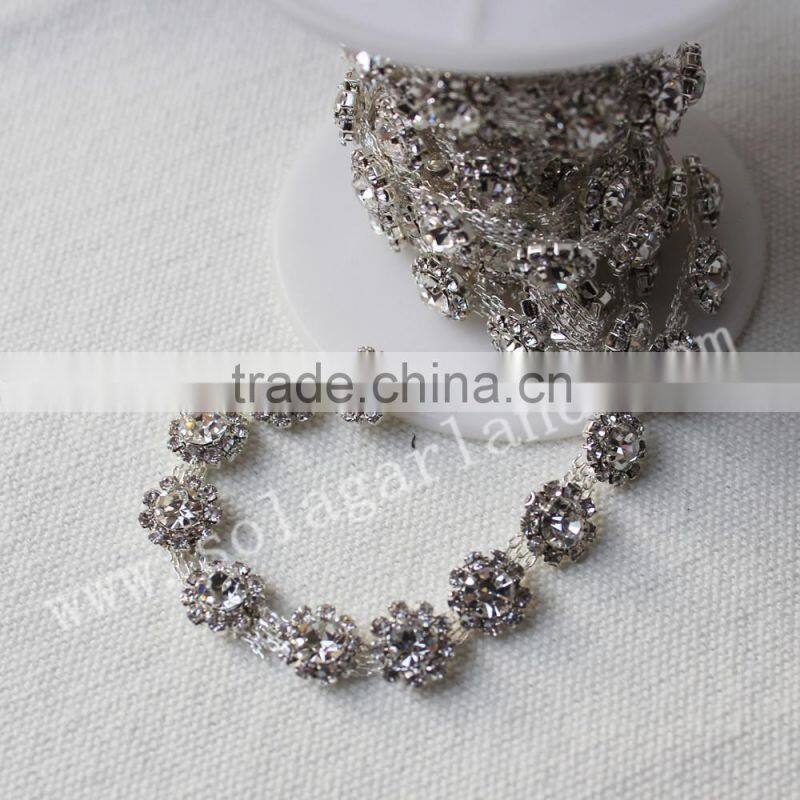 Wholesale 14MM Fake Diamond Trimming Chain Promotional Flower Rhinestone Ribbon For Wedding Dress Decoration