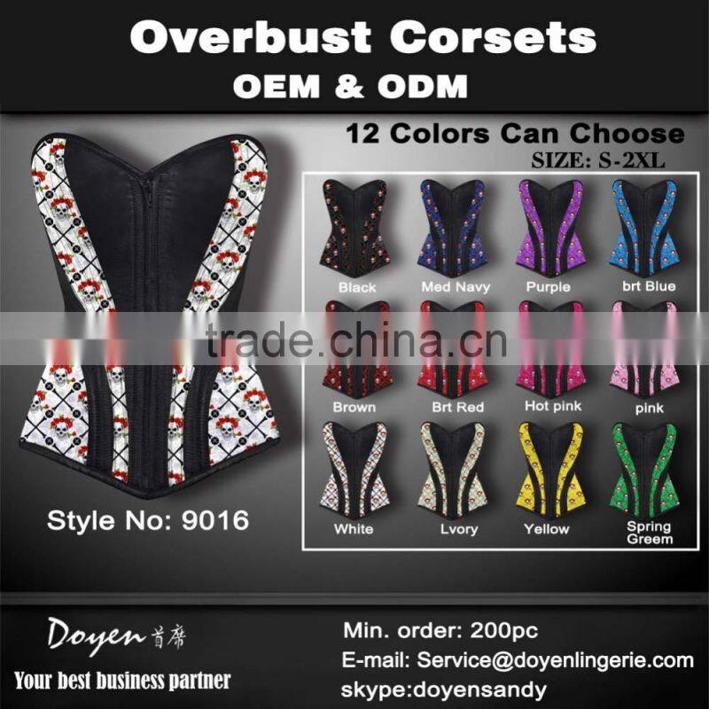 printing sexy zipper overbust corset bodysuit to wear out