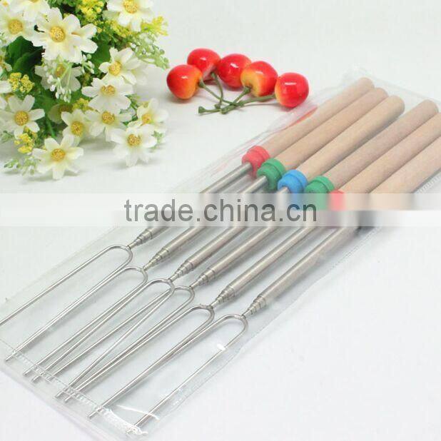 Wood BBq forks, U-shaped stainless steel fork, Wooden roasting forks