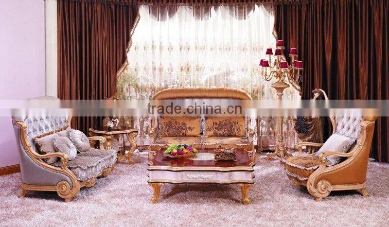 Luxury European Victorian Style Living Room Beige Sofa Set/Fancy Palace Wood Carving Tufted Button Fabric Sofa With Cushions