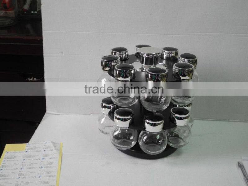16pcs double-decker rotate glass salt and pepper shaker set with plastic stand
