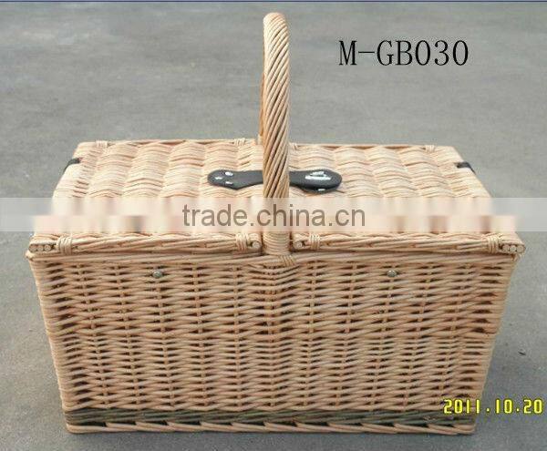 Empty rectangle wicker gift basket with lid and handle