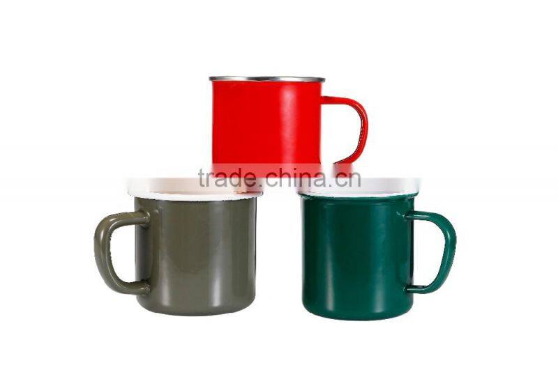 Customer printed Sublimation Enamel Camping Mug With Stainless Steel Rim/rolled Rim gift mug