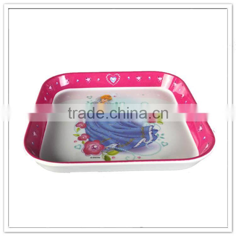 Child safe melamine deep food dishes, baby girls' princess square plate