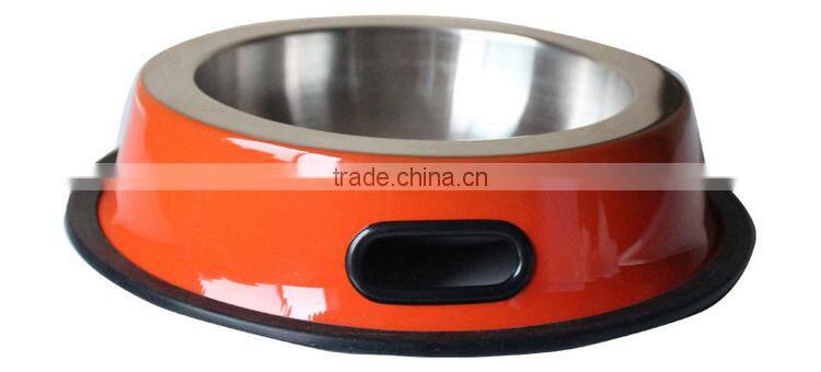 Hot sell Dog bowl with Side Grip handle rubber ring metal Stainless Steel Eating Surface animal Pet feeder/waterer