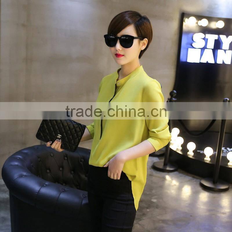 2017 korean design pure color long sleeve ladies tops fashion women chiffon blouse designs