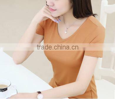 2016 Latest Summer Women Solid Color Heart-shaped Collar Modal Slim Base Short Sleeve T-shirt