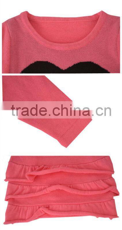 Lovely girl's jacquard ruffle edged pullover sweater