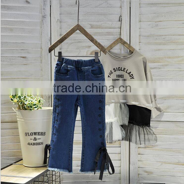 2-7 years Wholesale 2017 Hot Selling Girls Denim Bow Pants Autumn Holes Fashion Girls Jean Flare Pants