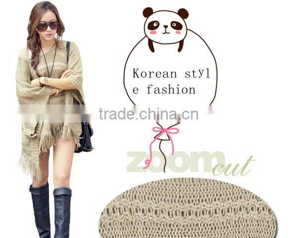 Spring smiles Korean style autumn and spring hollow out fashion solid khaki free size knit with tassel women sweater