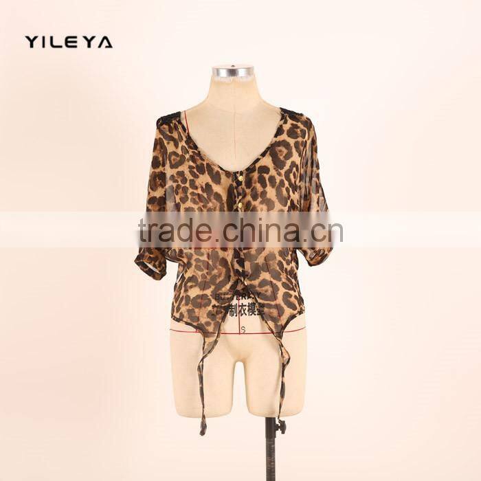 fashion butterfly style leopard printed casual ladies korean chiffon blouse 2015