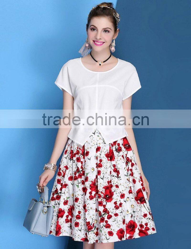 European style O-neck top +elastic waist two pieces printing knee-length dress sets/suits