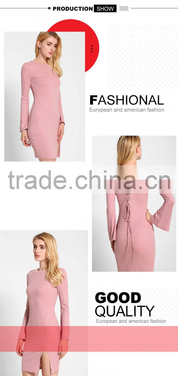 Alibaba hot selling 100 cotton pink skin tight knitted vent hem sweater dress with wide sleeves