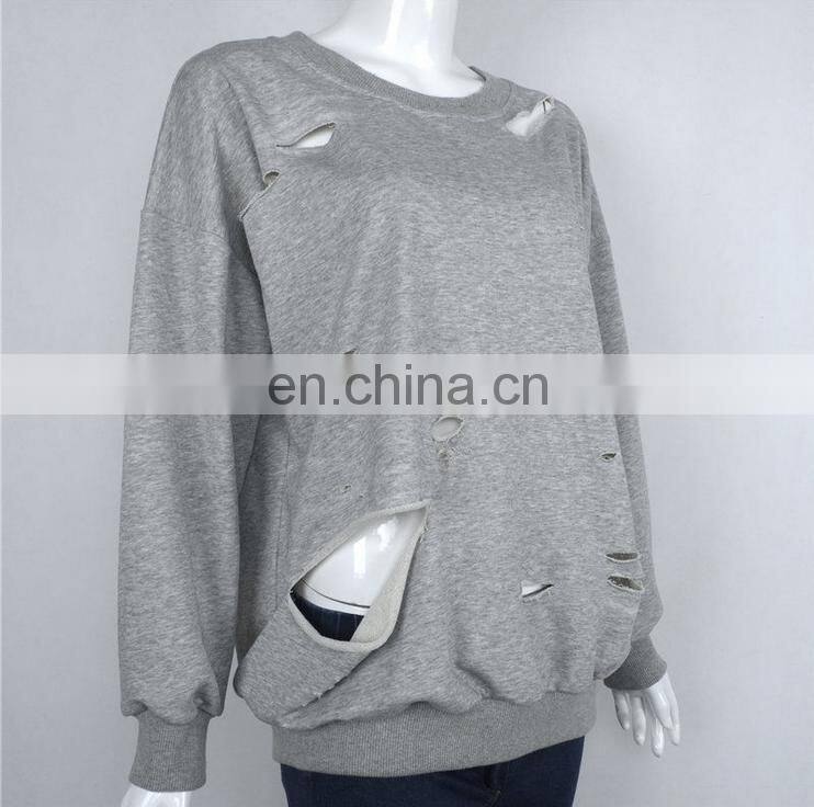 Ladies Sweatshirts Hole Cut Out Distressed Batwing Sleeve Sweater Sweatshirt