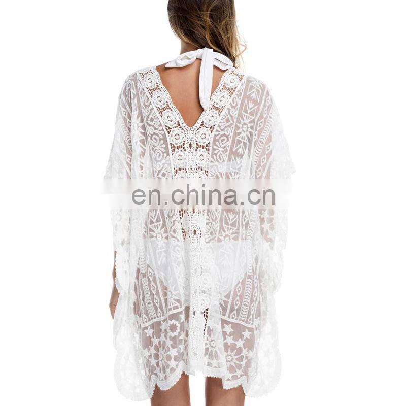 2019 Sexy See Through V-Neck Bats Sleeve V Back Loose Summer Beach Dress Lace Tunic Women Beachwear Plus Size Sarong Plage