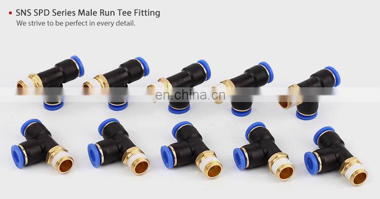 SNS SPD Series pneumatic one touch T type 3 way joint male triple branch run tee plastic quick fitting air hose tube t connector