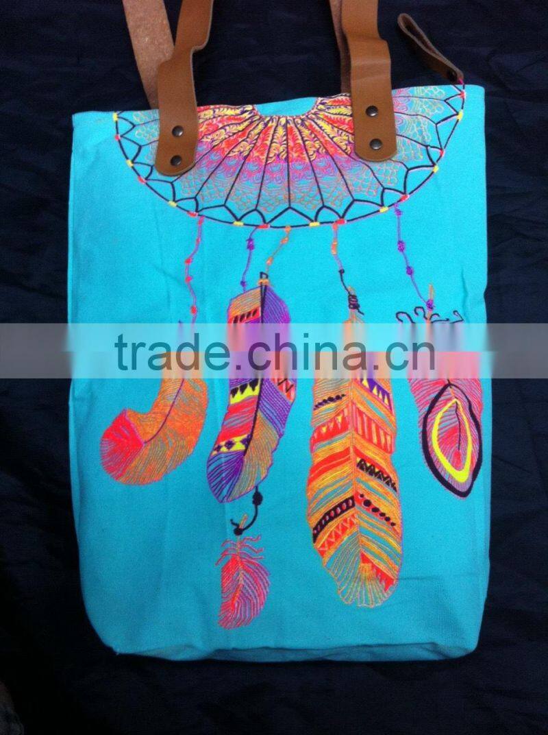 Hmong Indian tote neon sky blue canvas bag feather pattern