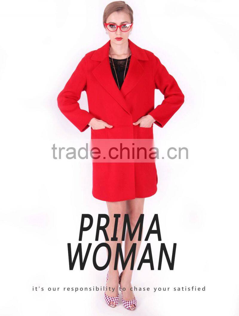 New Design Spring Women Medium Length Red Wool Coat